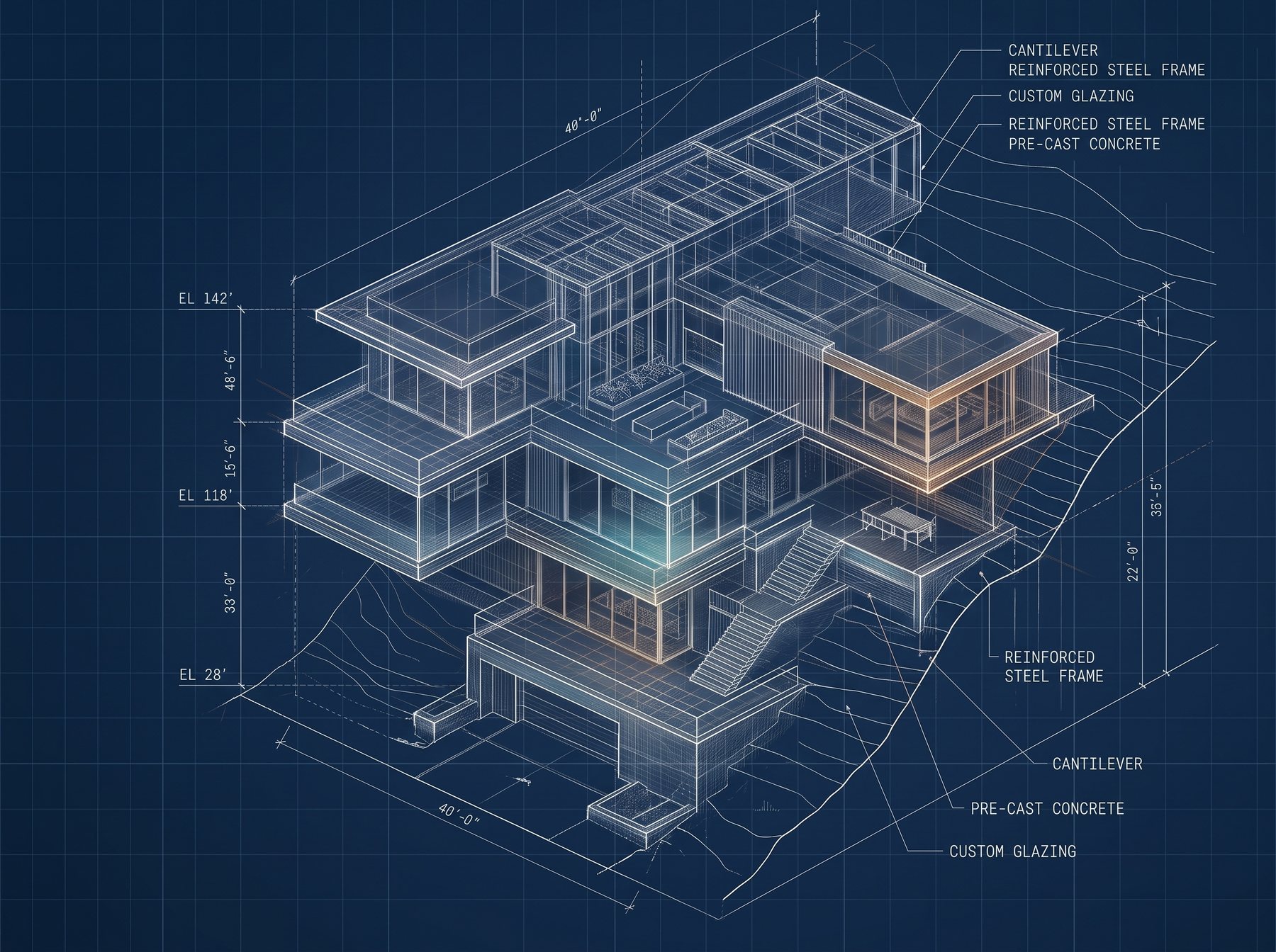 Architectural isometric drawing of a modern hillside custom home with cantilevered upper floors, glass walls and elevation markers